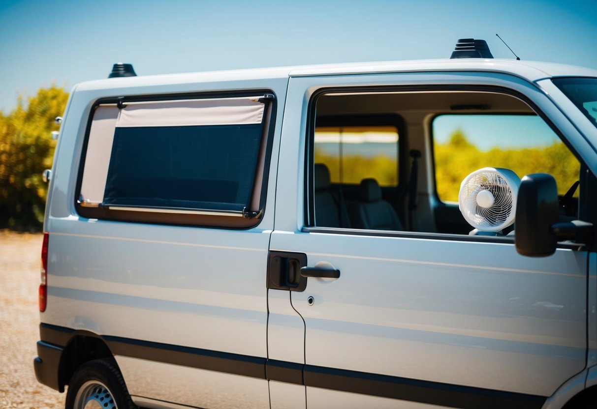 Ein Lieferwagen, der in einer sonnigen, heißen Sommerumgebung geparkt ist. Die Fenster sind mit Sonnenschirmen abgedeckt und ein Ventilator bläst hinein, um den Innenraum kühl zu halten