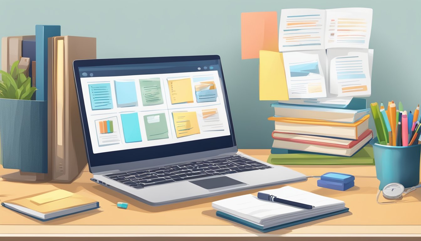 A desk with a laptop, notebook, and pen. A stack of books on content repurposing. A bulletin board with visual content ideas