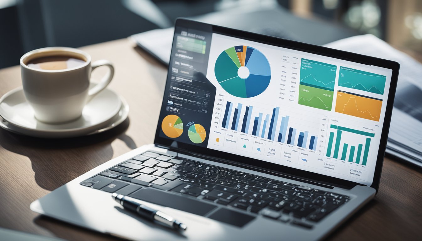 A laptop displaying various charts and graphs related to content marketing ROI. A pen and notebook sit nearby, ready for note-taking