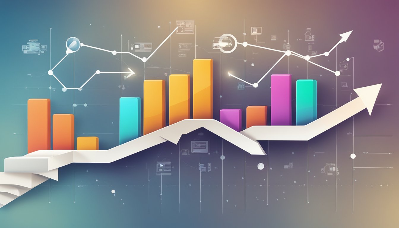 A bar graph showing the increase in website traffic and engagement over time, with arrows pointing upwards to indicate growth