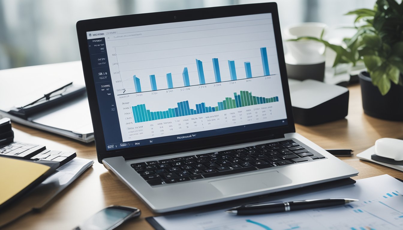 A desk with a laptop, notepad, and pen. Charts and graphs on the wall. A calculator and financial reports scattered on the table