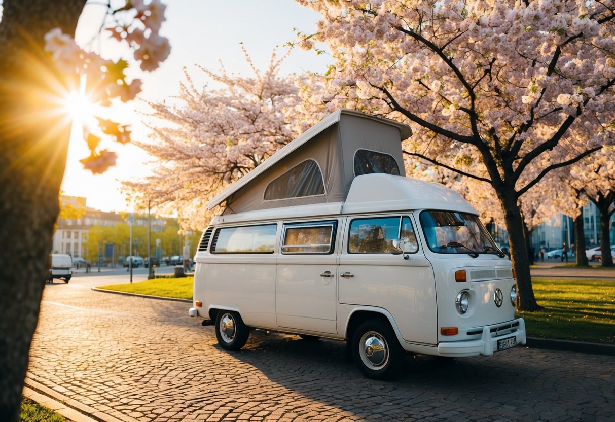 Ein gemütlicher Wohnwagen parkt unter blühenden Kirschblüten in Berlin, während die warme Frühlingssonne die Szenerie in einen goldenen Glanz taucht