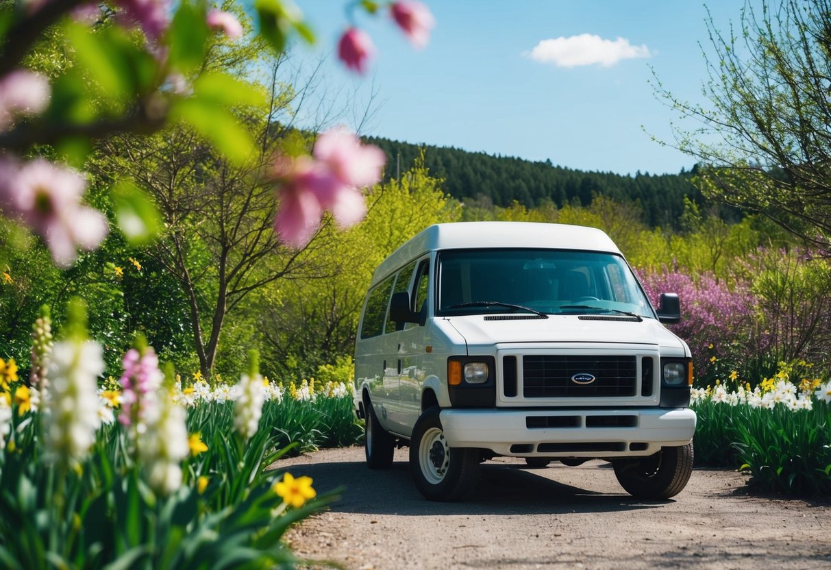 Ein Lieferwagen, der in einer abgelegenen Gegend geparkt ist, umgeben von blühenden Frühlingsblumen und üppigem Grün, mit einem klaren blauen Himmel über ihm