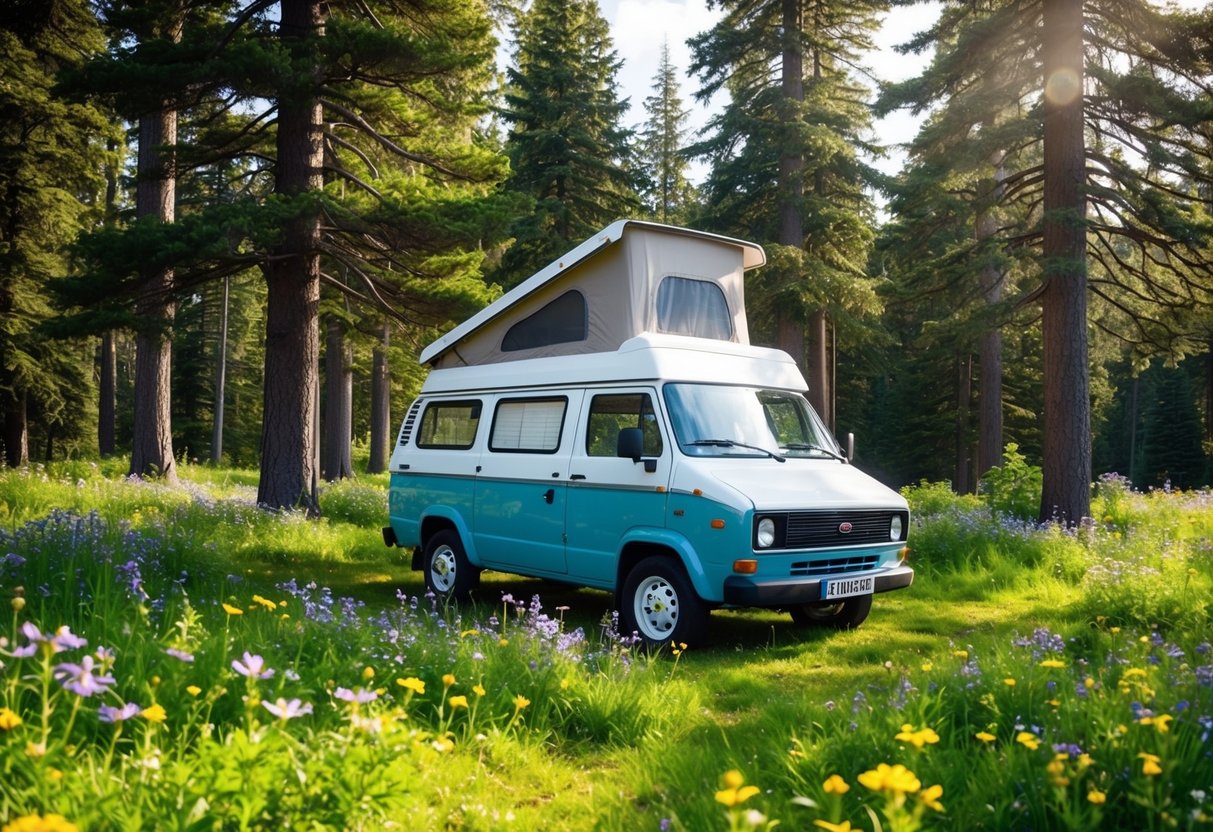 Ein gemütlicher Wohnwagen, der auf einer üppigen Waldlichtung geparkt ist, umgeben von blühenden Wildblumen und hoch aufragenden Kiefern. Sonnenlicht dringt durch die Äste und wirft gesprenkelte Schatten auf den Waldboden