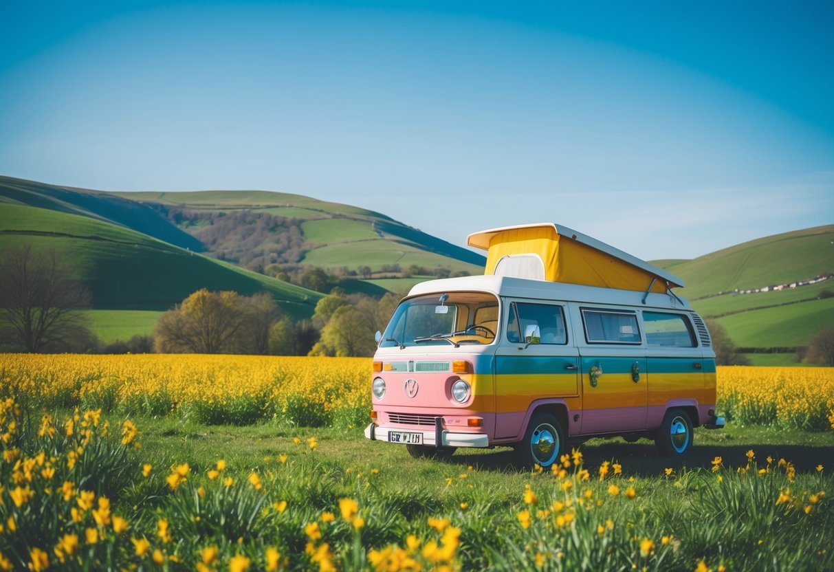 Ein farbenfroher Wohnmobil parkt auf einer blühenden Frühlingswiese, umgeben von sanften Hügeln und einem klaren blauen Himmel