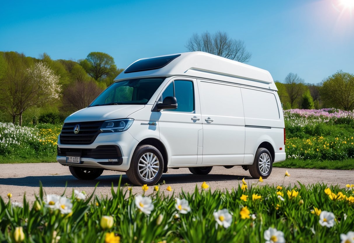 Ein sauberes Wohnmobil, geparkt in einer Frühlingslandschaft mit blühenden Blumen und viel Grün. Die Sonne scheint und es gibt keine Anzeichen von Schmutz oder Unordnung rund um das Fahrzeug