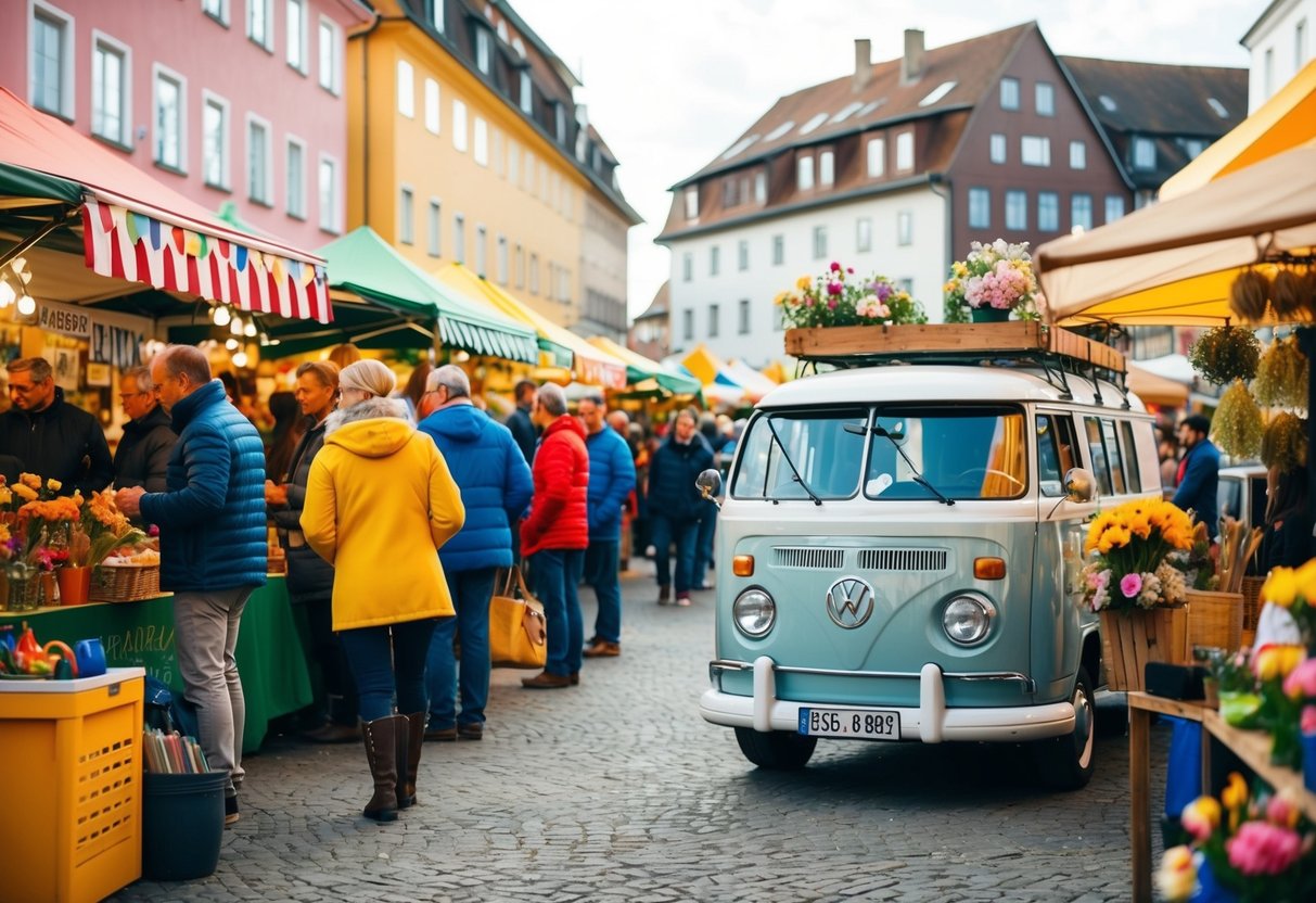 Ein lebhafter deutscher Frühlingsmarkt mit bunten Ständen und lebhaftem Publikum. Ein gemütlicher Lieferwagen parkt in der Nähe, geschmückt mit Blumen und Outdoor-Ausrüstung