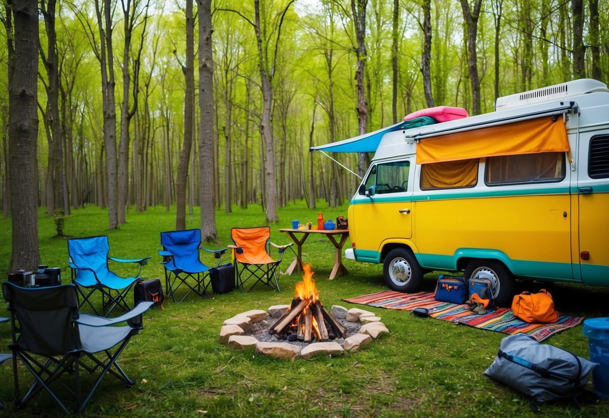 Ein gemütlicher Campingplatz in einem üppigen Frühlingswald mit einem farbenfrohen Wohnmobil und der wichtigsten Campingausrüstung, die um ein knisterndes Lagerfeuer verteilt sind