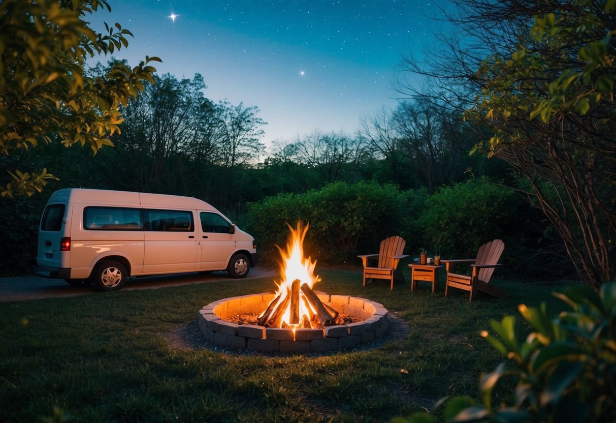 Ein gemütliches Lagerfeuer umgeben von üppigem Grün, in der Nähe parkt ein Lieferwagen. Ein friedlicher Frühlingsabend mit funkelnden Sternen am Himmel