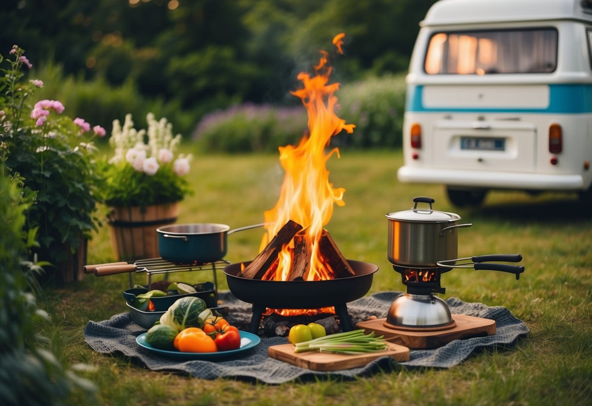 Ein gemütlicher Campingplatz mit einem glühenden Lagerfeuer, umgeben von Kochutensilien, frischen Produkten und einem rustikalen Campingkocher. Üppiges Grün und blühende Blumen umrahmen die Szene, im Hintergrund ein Oldtimer-Wohnmobil