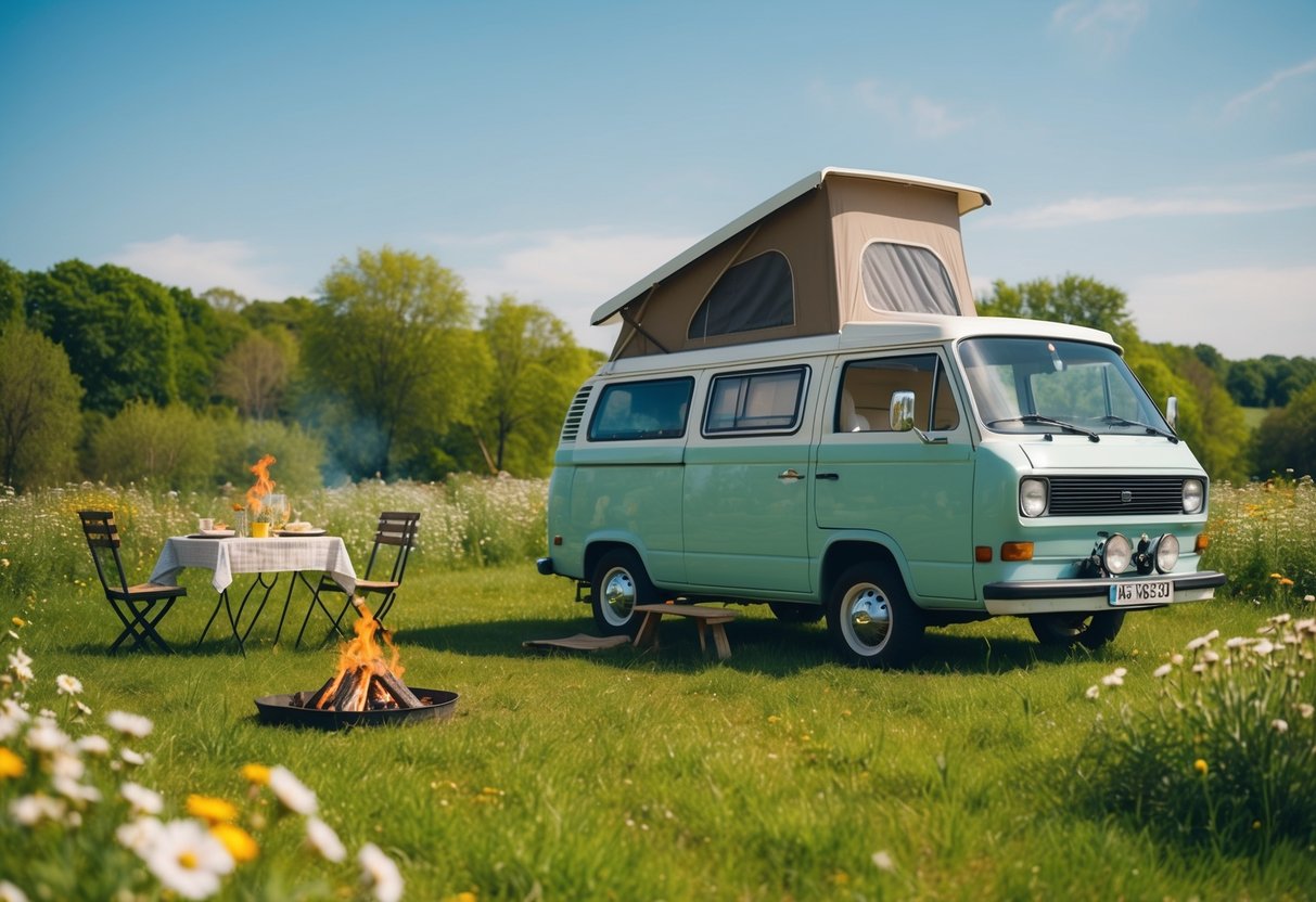 Ein gemütlicher Wohnwagen, der auf einer üppig grünen Wiese geparkt ist, umgeben von blühenden Wildblumen und einem klaren blauen Himmel. In der Nähe brennt ein kleines Lagerfeuer, an dem ein Tisch für eine Mahlzeit gedeckt ist