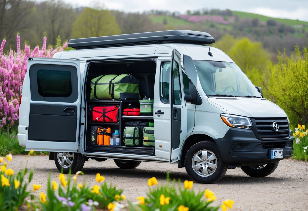 Ein Lieferwagen, der an einem malerischen Ort im Freien geparkt ist, umgeben von blühenden Blumen und viel Grün. Die Türen des Lieferwagens stehen offen und geben den Blick auf die organisierte Campingausrüstung und Vorräte für Frühlingsabenteuer frei