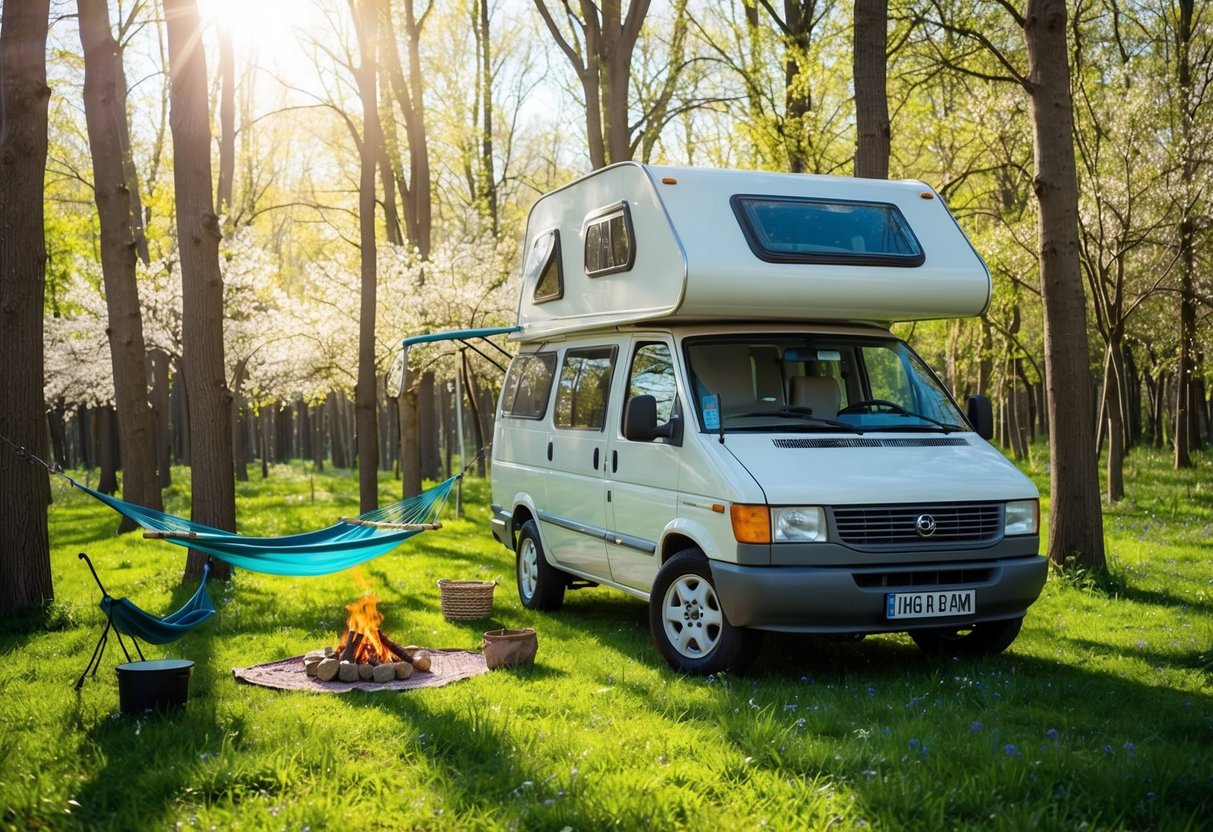 Ein gemütlicher Wohnwagen, der in einem blühenden Frühlingswald geparkt ist, mit einem kleinen Lagerfeuer und einer Hängematte in der Nähe. Die Sonne scheint durch die Bäume und erzeugt gesprenkeltes Licht auf der Szene