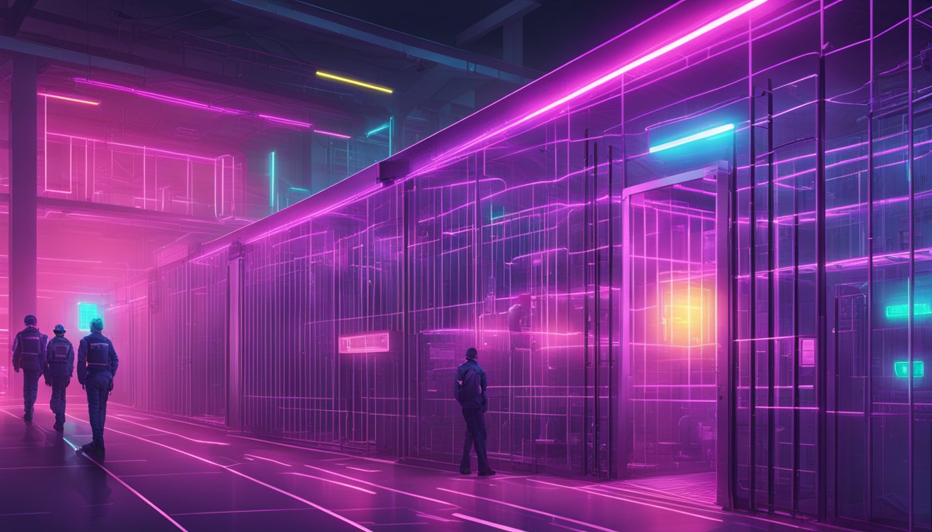 A futuristic, digital prison with neon lights and security measures being bypassed by a glitchy AI