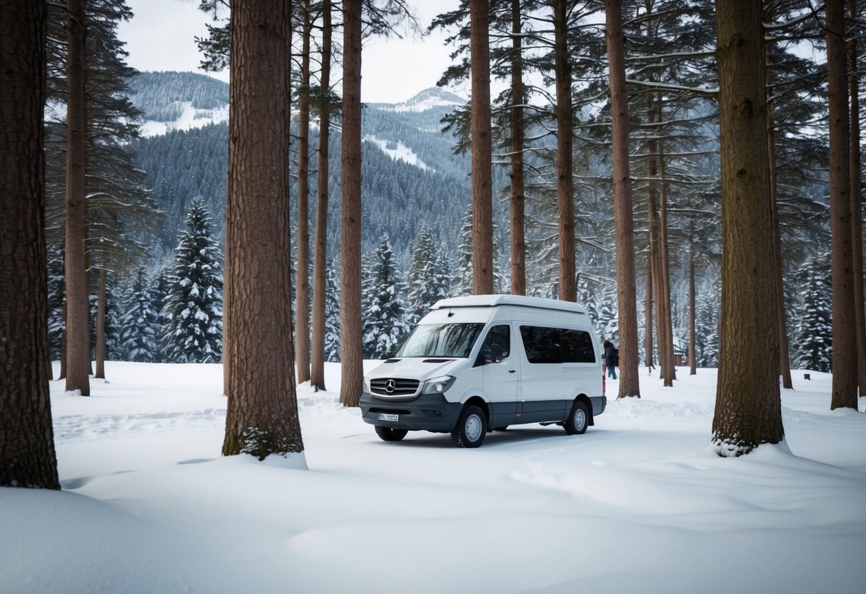 Ein verschneiter Wald im Schwarzwald, Deutschland. Ein gemütlicher Van, der zwischen hohen Bäumen geparkt ist, mit schneebedeckten Bergen im Hintergrund