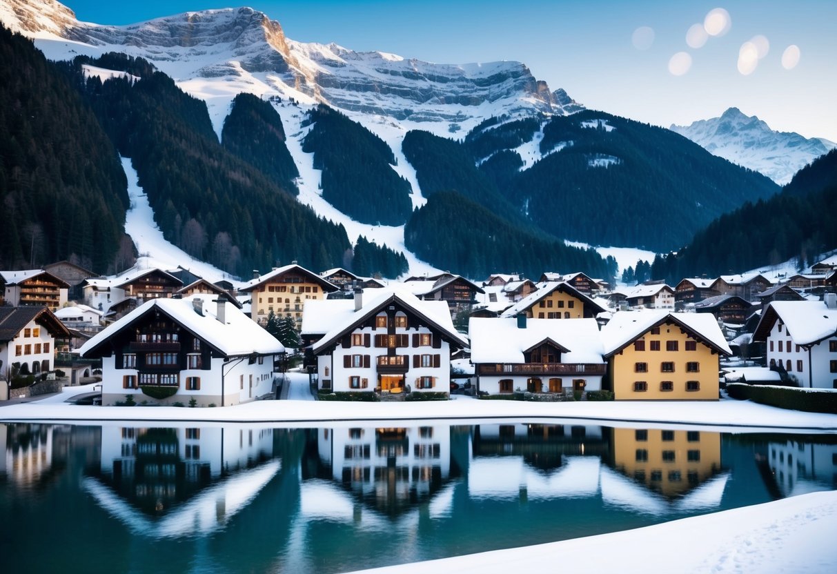 Ein verschneites Dorf inmitten der österreichischen Alpen mit bezaubernden Alpenhäusern und einem ruhigen See, in dem sich die umliegenden Berge spiegeln