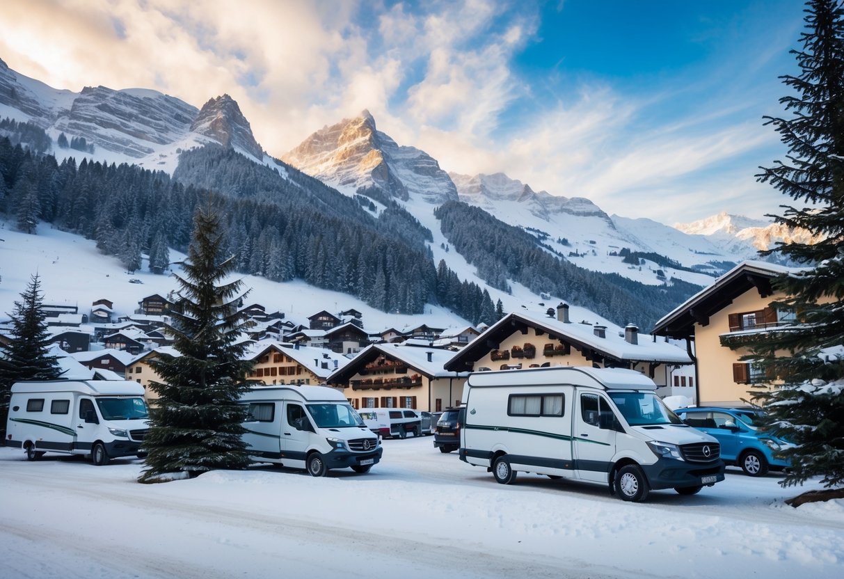 Ein verschneites Bergdorf in Garmisch-Partenkirchen, Deutschland mit gemütlichen Wohnmobilen, die zwischen Pinien geparkt sind, und einer Kulisse aus schneebedeckten Gipfeln