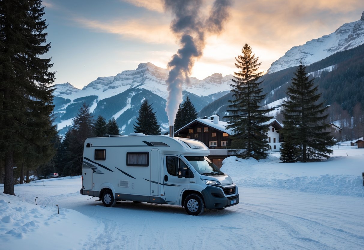 Schneebedeckte Berge und Kiefern umgeben einen gemütlichen Wohnmobil, der in Berchtesgaden, Deutschland, geparkt ist. Rauch steigt aus dem Schornstein, während im Hintergrund die Wintersonne untergeht