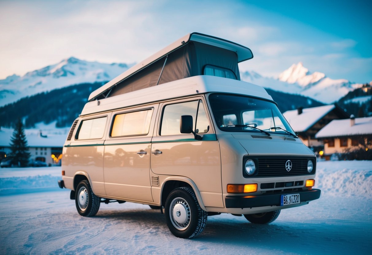 Ein gemütlicher Wohnmobil geparkt im verschneiten Salzburg, Österreich. Im Hintergrund schneebedeckte Berge, aus den Fenstern des Lieferwagens dringt ein warmer Schein