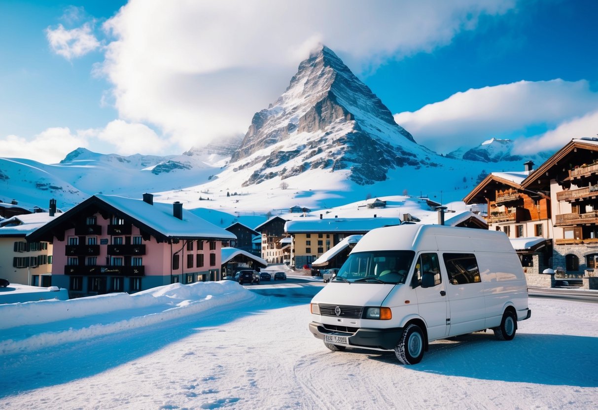 Eine verschneite Bergstadt in Zermatt, Schweiz. Van parkte in einer Winterlandschaft mit schneebedeckten Chalets und dem berühmten Matterhorn-Gipfel im Hintergrund