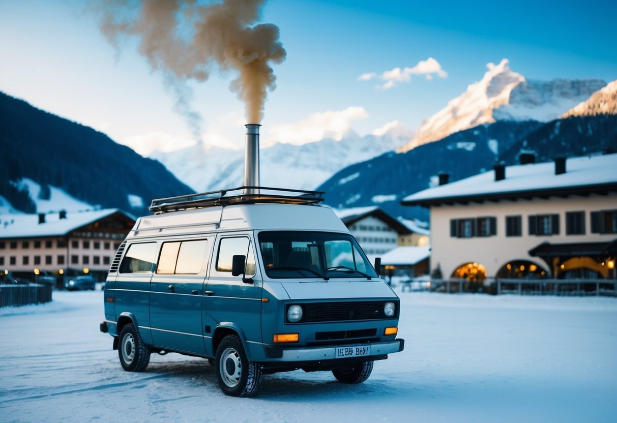 Ein gemütlicher Lieferwagen, der im verschneiten Innsbruck, Österreich, geparkt ist. Im Hintergrund ragen Berge auf, während Rauch aus einem Schornstein auf dem Dach des Lieferwagens aufsteigt