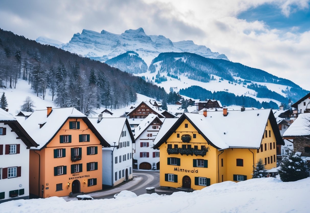 Mittenwald ist ein verschneites Dorf inmitten der bayerischen Alpen und ein malerisches Winterziel mit farbenfrohen traditionellen Gebäuden und schneebedeckten Bergen im Hintergrund