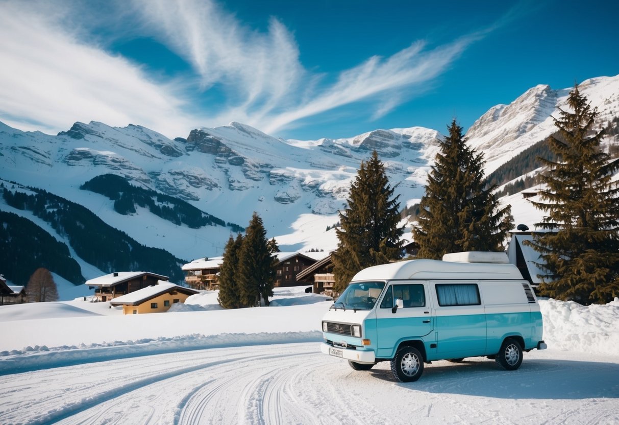 Verschneites Andermatt, Schweiz. Berge und Kiefern umgeben einen gemütlichen Lieferwagen, der in einer Winterlandschaft geparkt ist