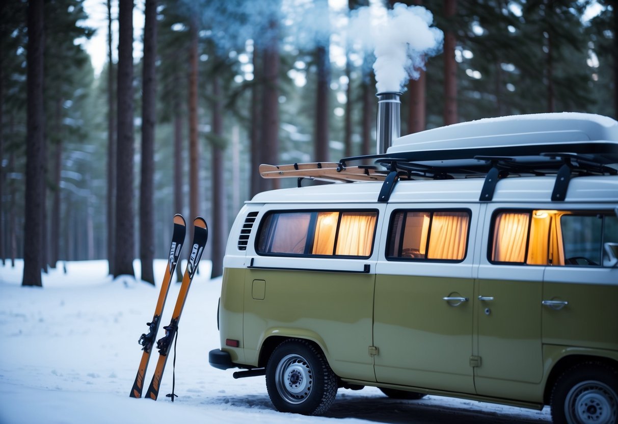 Ein gemütlicher Lieferwagen parkt in einem verschneiten Wald, auf dessen Dach Rauch aus einem Schornstein aufsteigt. Ein warmer Schein dringt aus den Fenstern und ein Paar Skier lehnt an der Seite des Lieferwagens