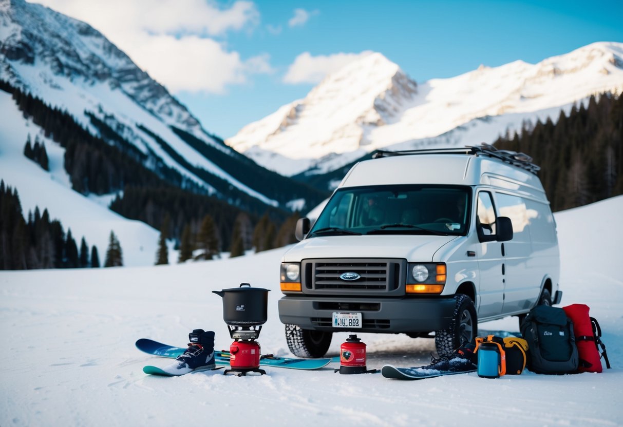 Eine verschneite Berglandschaft mit einem im Vordergrund geparkten Lieferwagen, umgeben von Winterausrüstung wie Skiern, Snowboards und einem Campingkocher