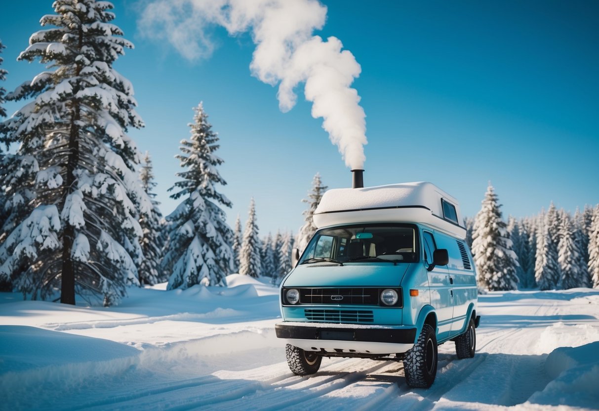 Ein gemütlicher Lieferwagen parkt in einem verschneiten Wald, aus einem Schornstein steigt Rauch auf, umgeben von schneebedeckten Bäumen und einem klaren blauen Himmel