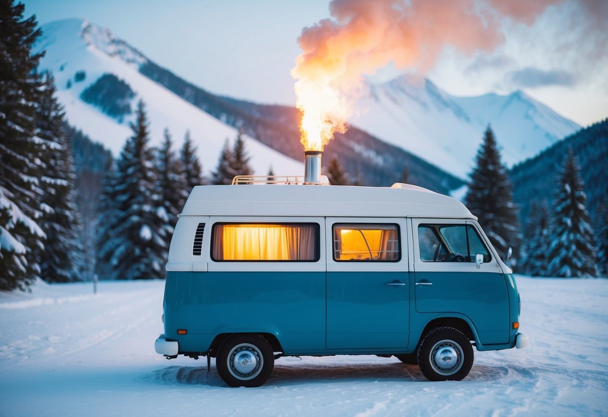 Ein gemütlicher Lieferwagen parkt in einem verschneiten Wald, Rauch steigt aus dem Schornstein. Aus den Fenstern strömt ein warmer Schein vor der Kulisse schneebedeckter Berge