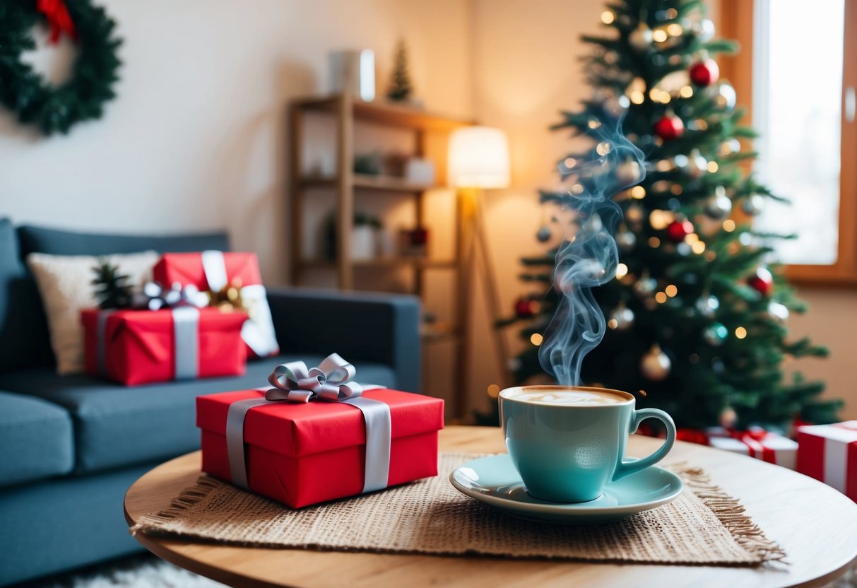 Ein gemütliches Wohnzimmer mit einem Weihnachtsbaum, verpackten Geschenken und einer dampfenden Tasse Bio-Kräutertee auf einem Tisch