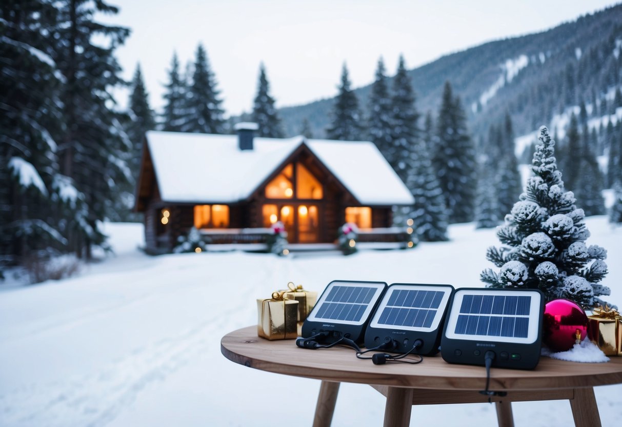 Eine verschneite Winterlandschaft mit einer gemütlichen Hütte, umgeben von Pinien und solarbetriebenen Ladegeräten auf einem weihnachtlich geschmückten Tisch