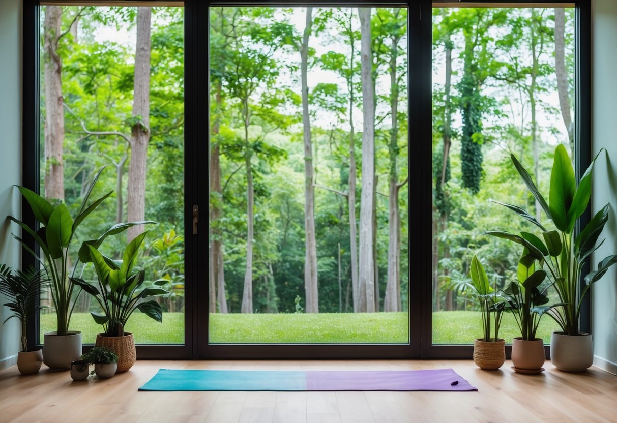 Ein ruhiges Yoga-Studio mit einem großen Fenster mit Blick auf einen üppigen grünen Wald. Auf dem Boden liegt eine farbenfrohe, umweltfreundliche Yogamatte, umgeben von Topfpflanzen und natürlichem Dekor