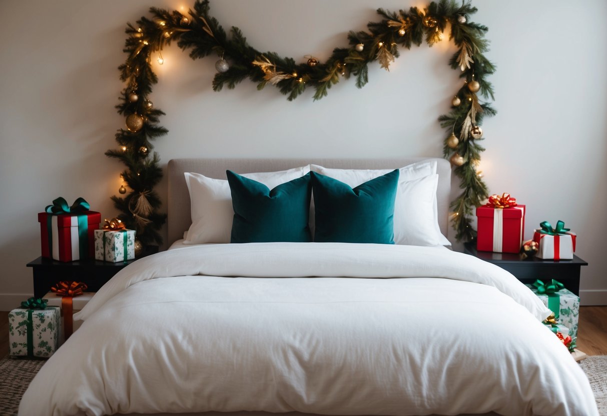 Ein gemütliches Schlafzimmer mit einem Bett aus Bio-Baumwollbettwäsche. Rund um das Bett liegen verschiedene nachhaltige Weihnachtsgeschenkartikel