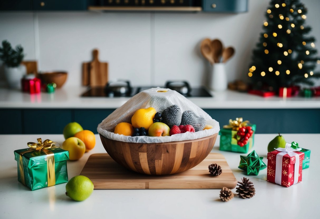 Eine Küchentheke mit einer Schüssel mit frischem Obst, die mit Beeswrap anstelle von Plastikfolie bedeckt ist. Verschiedene nachhaltige Geschenkartikel für Weihnachten verstreut