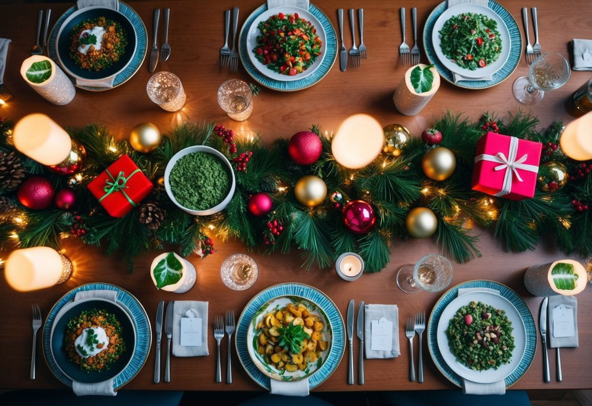 Ein festlich gedeckter Tisch mit einer Vielzahl pflanzlicher Gerichte und nachhaltiger Geschenkartikel, umgeben von festlicher Dekoration und warmer Beleuchtung