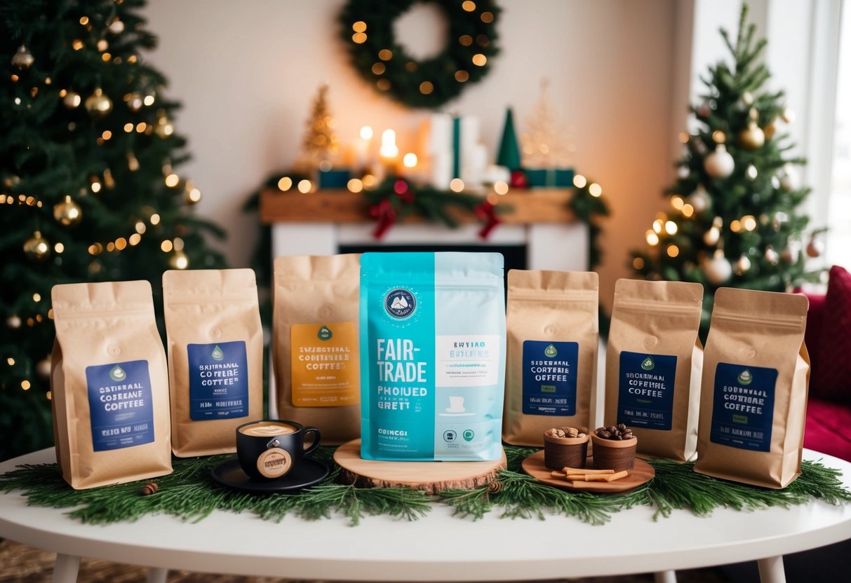 Ein Tisch mit verschiedenen nachhaltigen Geschenkartikeln und Tüten mit fair gehandeltem Kaffee in gemütlicher Weihnachtsatmosphäre