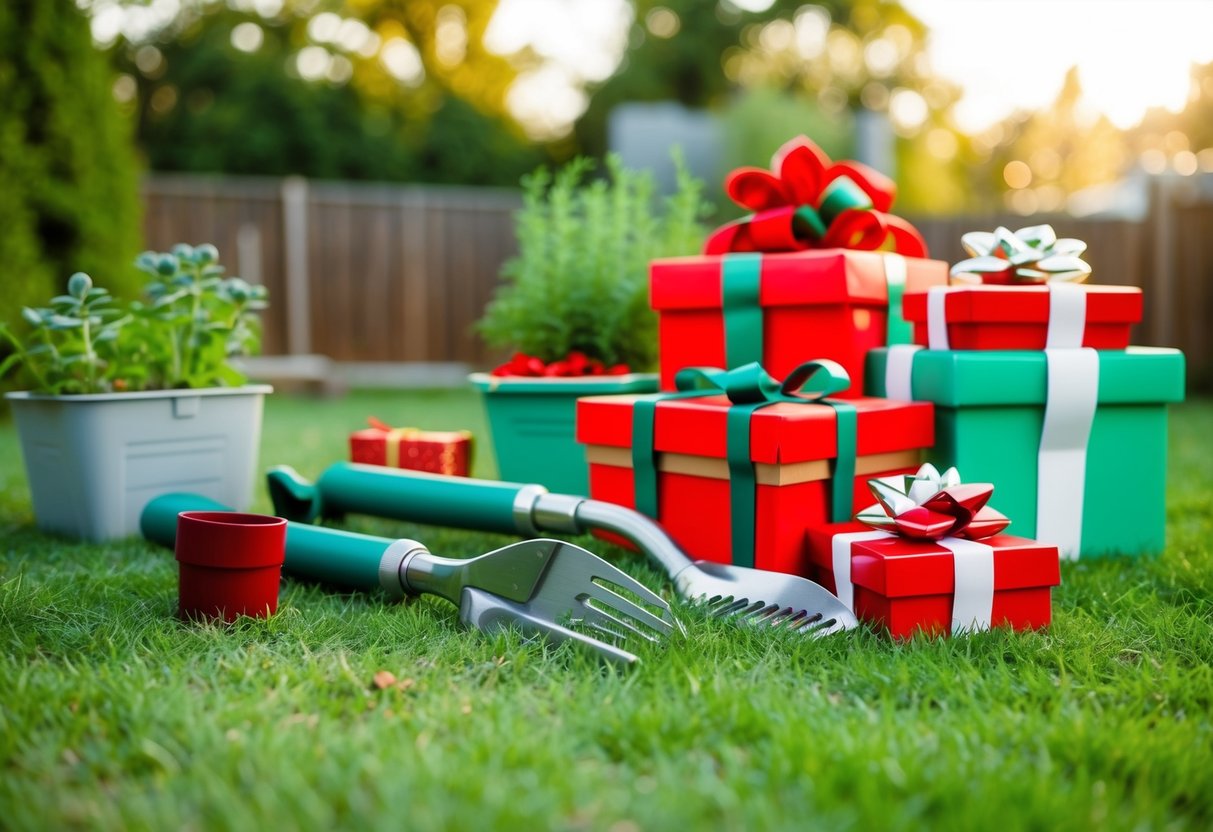 Eine Hinterhofszene mit nachhaltigen Gartengeräten und Weihnachtsgeschenken