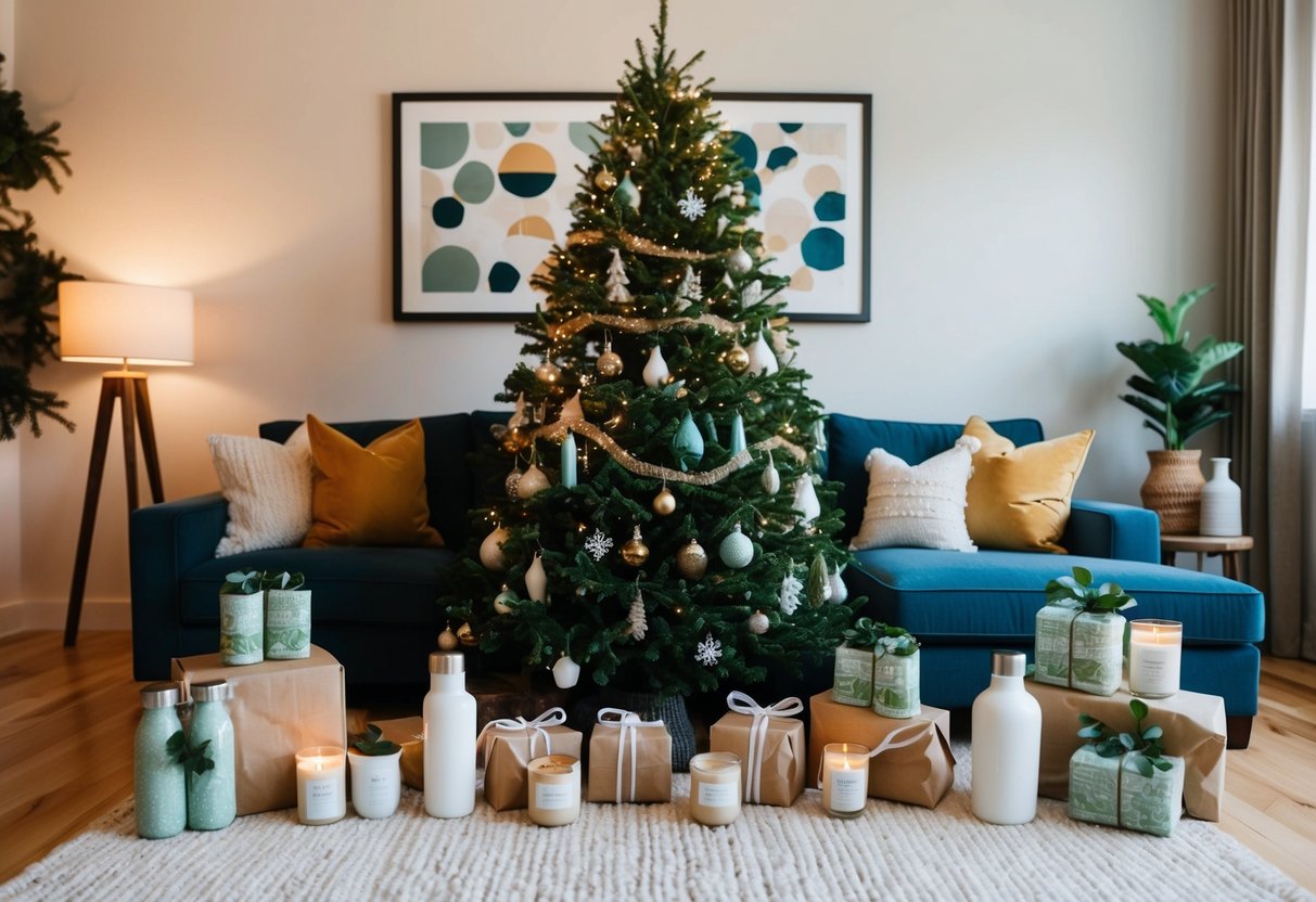 Ein gemütliches Wohnzimmer mit einem wunderschön geschmückten Weihnachtsbaum, umgeben von nachhaltigen Geschenken wie wiederverwendbaren Wasserflaschen, umweltfreundlichen Kerzen und handgefertigter Keramik