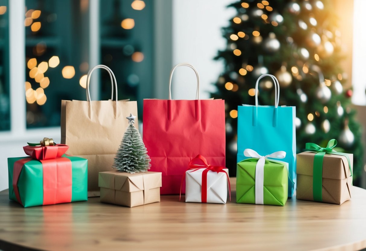 Eine Tabelle mit verschiedenen nachhaltigen Verpackungsmöglichkeiten für Weihnachtsgeschenke, darunter wiederverwendbare Geschenktüten, umweltfreundliches Geschenkpapier und kompostierbare Geschenkboxen