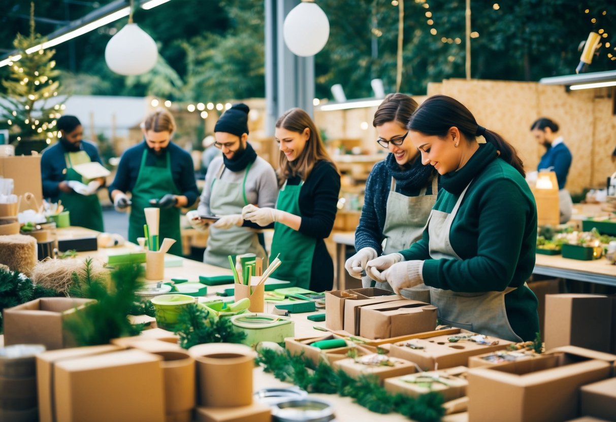 Eine geschäftige Werkstatt, in der umweltfreundliche Materialien und Produkte hergestellt werden. Ein festlicher Markt, auf dem nachhaltige Geschenke verkauft werden, umgeben von Natur und erneuerbaren Energiequellen