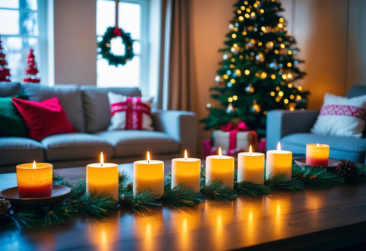 Ein gemütliches Wohnzimmer mit festlich gedecktem Tisch und 12 nachhaltigen LED-Kerzen als Teil einer Sammlung nachhaltiger Geschenkideen für den Nikolaus