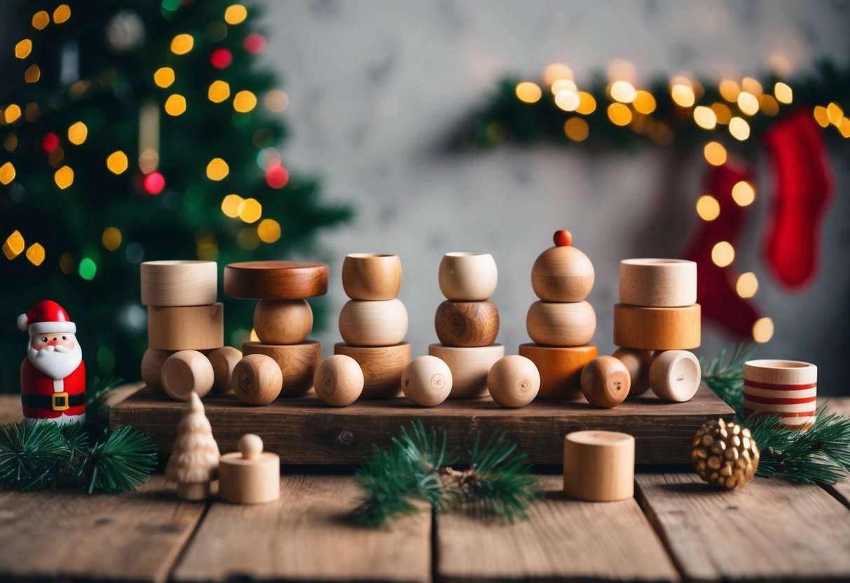 Eine Sammlung von 12 nachhaltigen Holzspielzeugen auf einem rustikalen Tisch, umgeben von festlicher Dekoration und einer kleinen Weihnachtsmannfigur