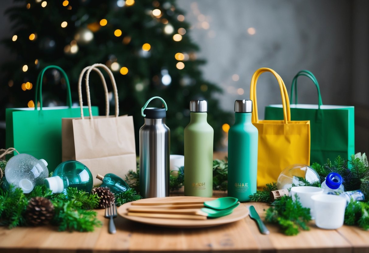 Ein festlicher Tisch mit umweltfreundlichen Geschenkartikeln wie wiederverwendbaren Wasserflaschen, Bambusutensilien und Einkaufstaschen aus Stoff, umgeben von viel Grün und recycelbaren Materialien