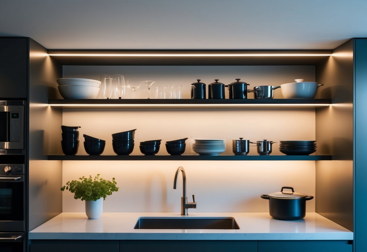 A modern kitchen with sleek open shelving, displaying neatly arranged dishes, glassware, and cookware. The shelves are illuminated with under-cabinet lighting, creating a warm and inviting atmosphere