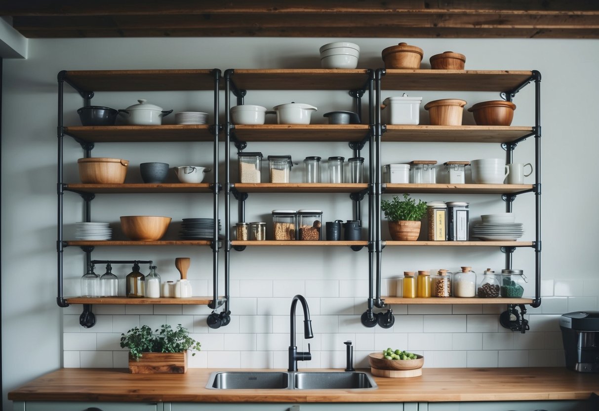 A kitchen with industrial pipe shelving, displaying various kitchen items on 15 open shelves