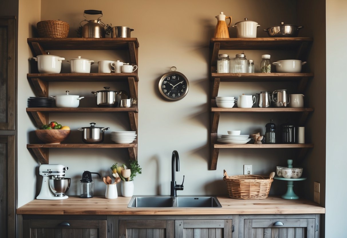 A rustic kitchen with reclaimed wood shelves showcasing various kitchenware and decorative items. The shelves are open and arranged in a visually appealing manner