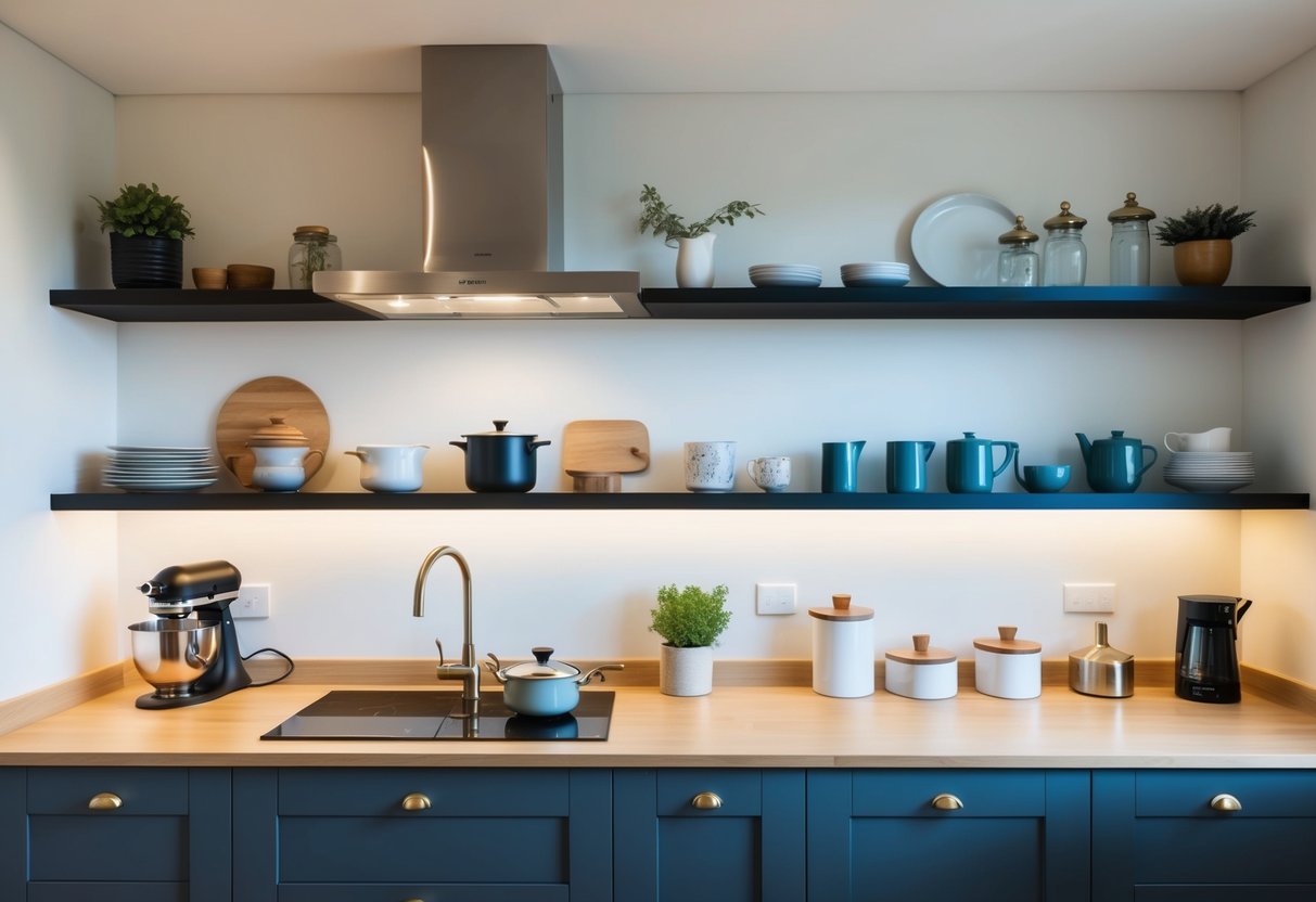 A modern kitchen with thin ledge open shelving displaying neatly arranged kitchenware and decorative items. Bright natural light illuminates the space