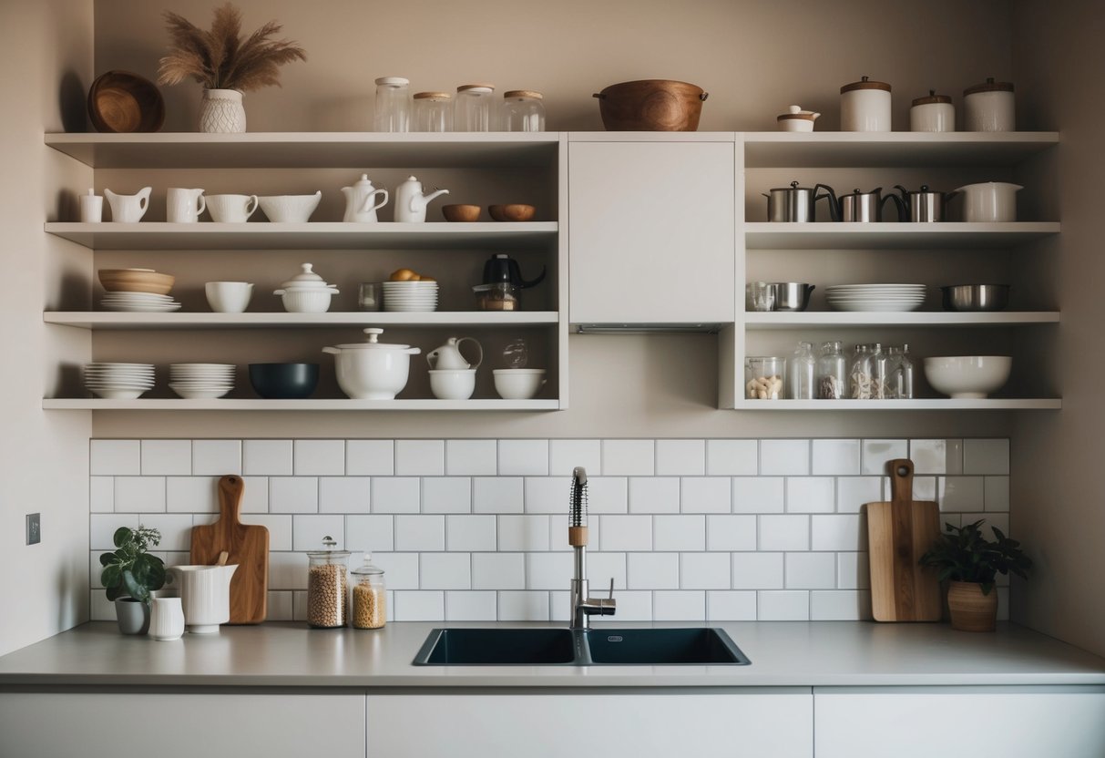 A modern kitchen with 15 open ceramic shelves, neatly displaying various kitchen items and decor